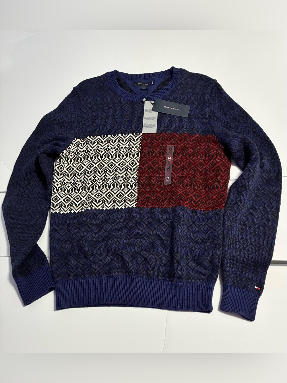 NWT Tommy Hilfiger Flag Logo Fair Isle Sweater – Navy, Men's M